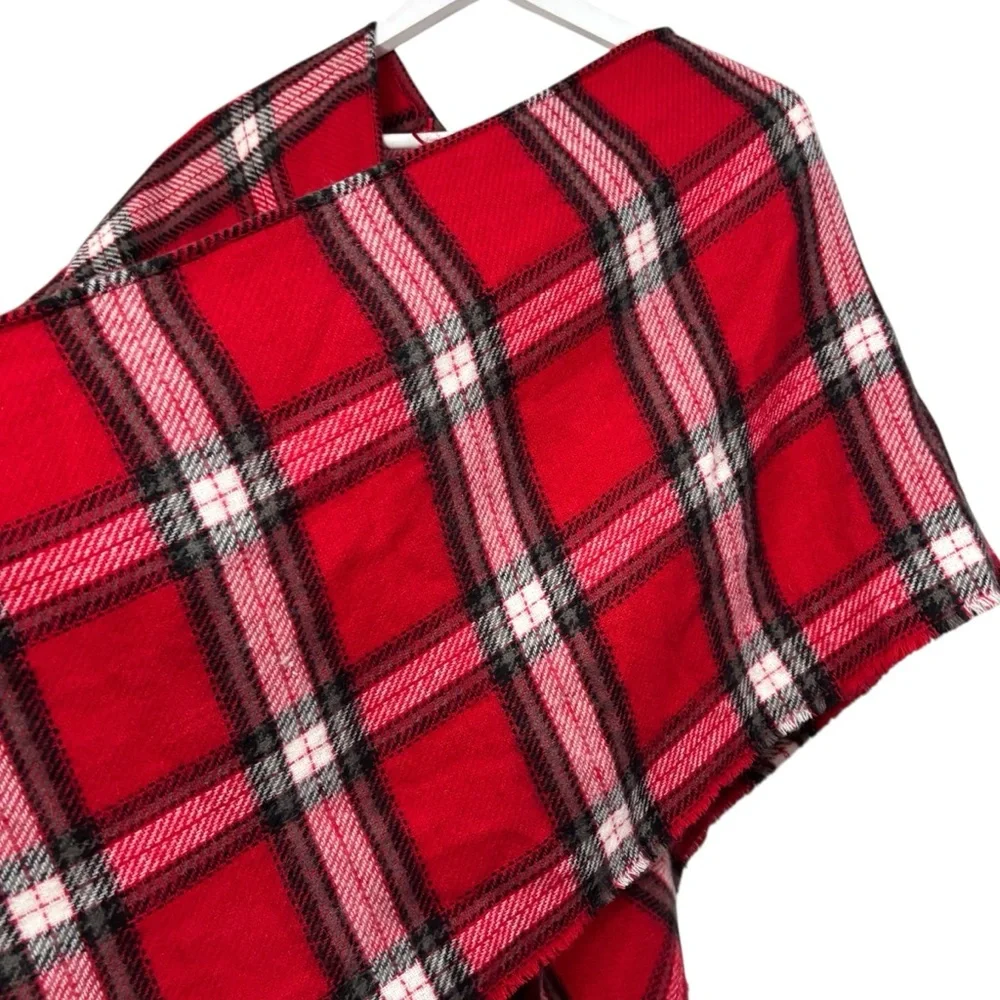 LOFT Red Plaid Fringe Shawl Size XS/S NWT